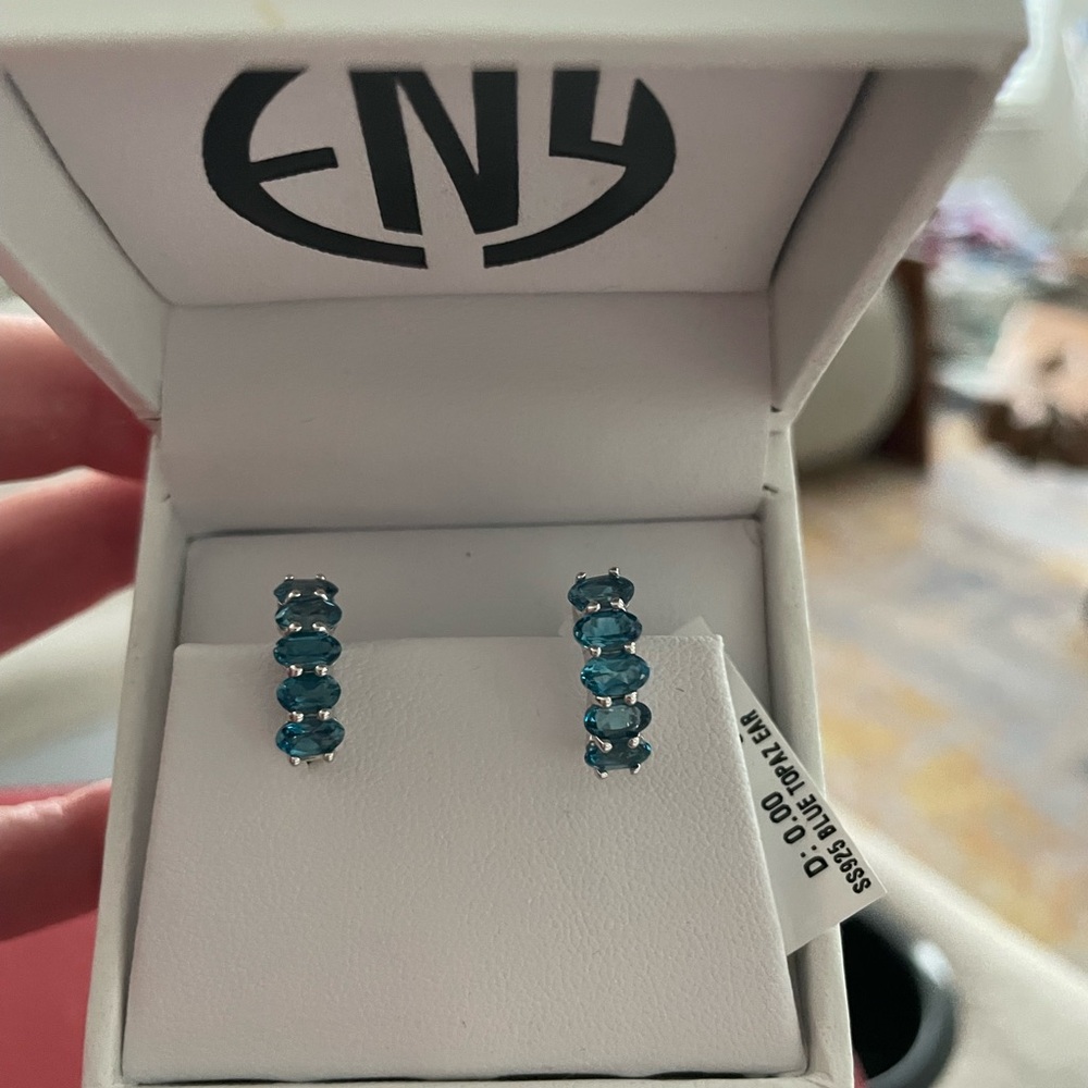 Brand New With Tags In Box EFFY Blue Topaz SS Huggie Earrings. 2.7 Carats